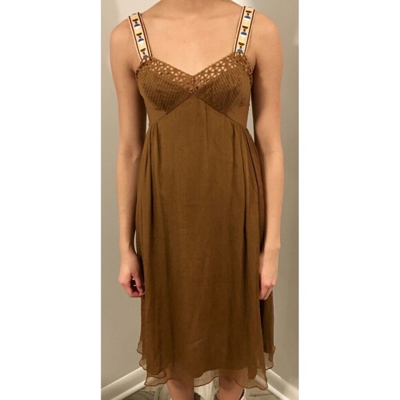 CATHERINE MALANDRINO Brown Silk Embroidered Trim Macrame Pleats Sundress Small 4 - Picture 2 of 6